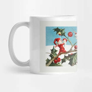 Santa elves painting berries on holly leaves Mug